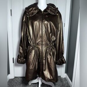 Pano Sereti Bronze Leather Hooded Coat Drawstring Waist Metallic Parka M